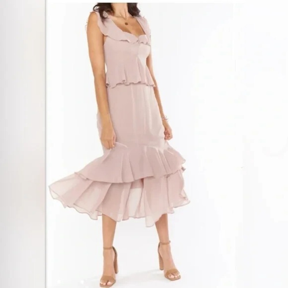 NWT Show Me Your Mumu Reese Ruffle Midi Dress Soft Beige Blush XXS Retail $198 - Picture 3 of 6